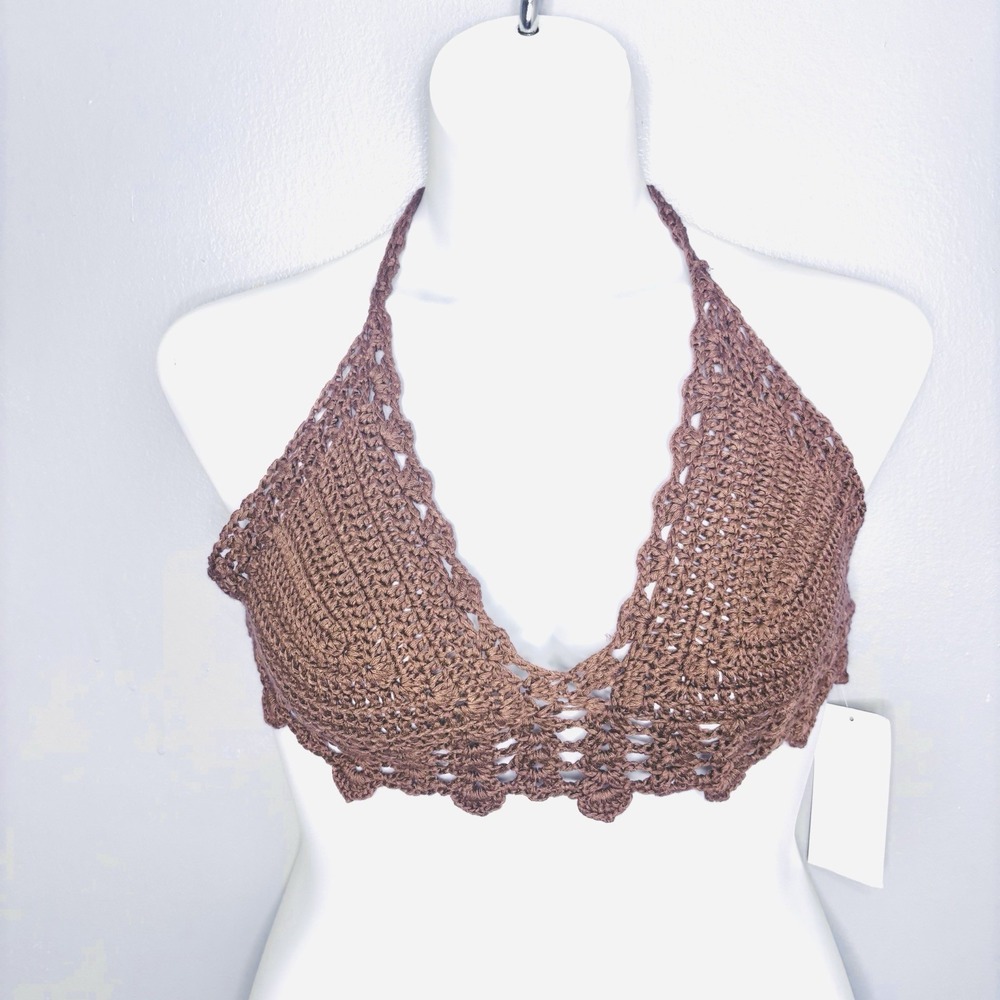 Love Sense Crochet Crop Halter Top Large Brown Beach Vacation Festival